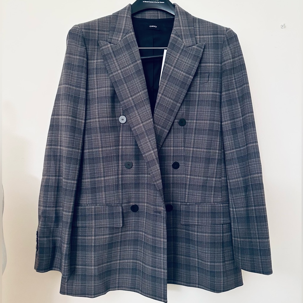 Theory double breasted jacket in wool blend windowpane